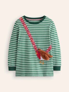 Mini Boden Appliqué Bag Tunic, Jade/ Ivory Robin (4-5Y)